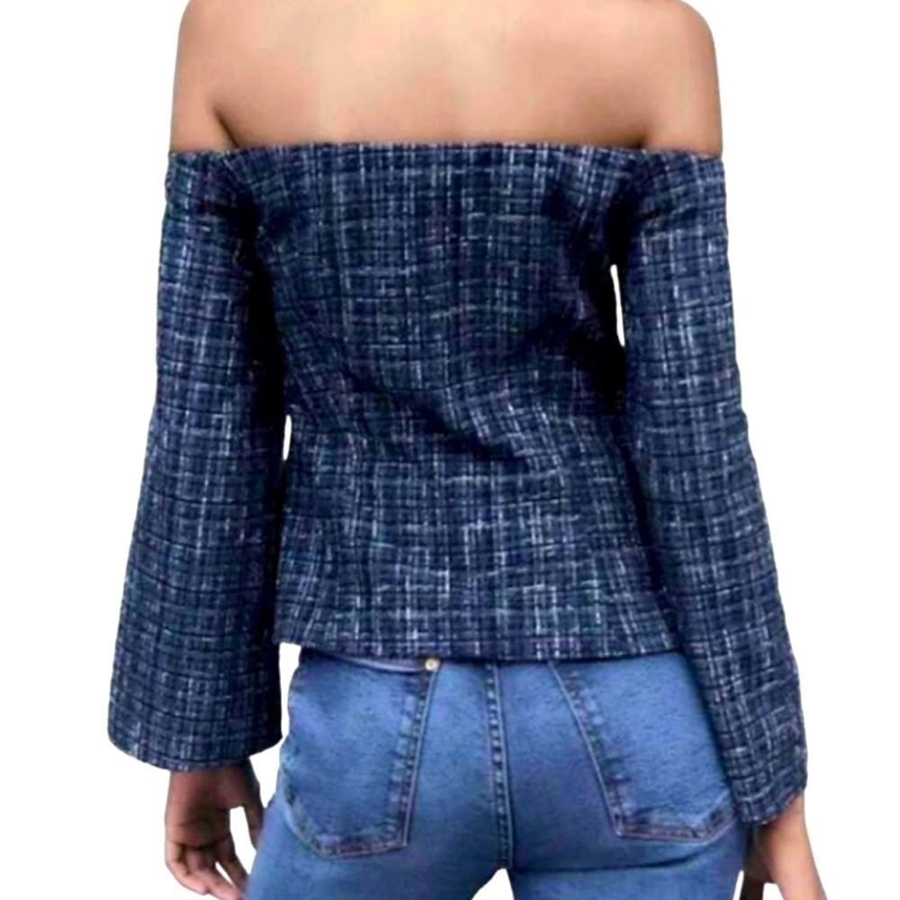 Women's Blue Tweed Textured Off The Shoulder Top Peplum Fit Size XL - Picture 2 of 11